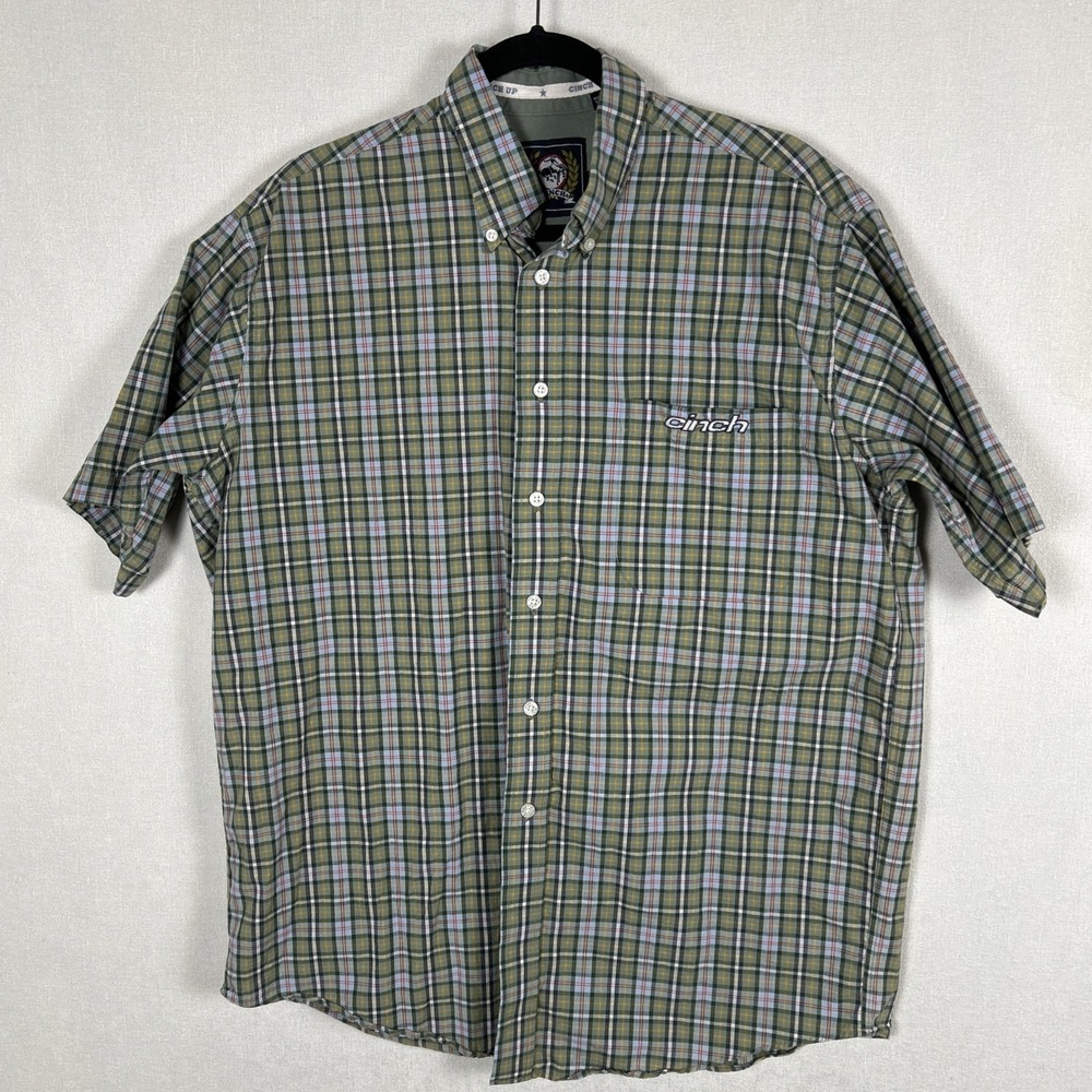 CINCH Shirt Mens Medium Green Plaid Button Up Short Sleeve Casual‎ Rodeo Adult